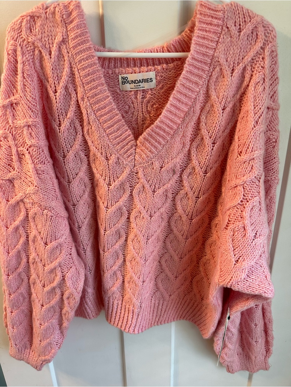 No Boundaries Pink Cable Knit V-Neck Pullover Sweater